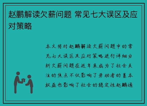 赵鹏解读欠薪问题 常见七大误区及应对策略