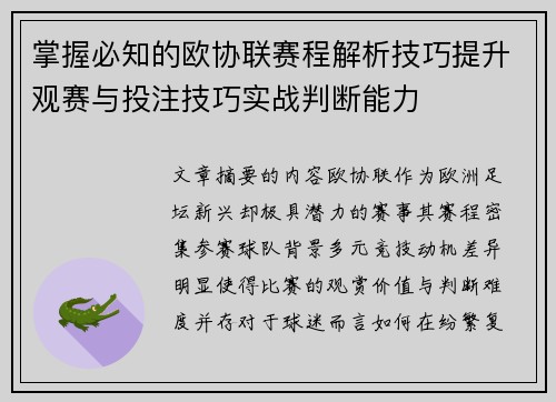 掌握必知的欧协联赛程解析技巧提升观赛与投注技巧实战判断能力 掌握必知的欧协联赛程解析技巧提升观赛与投注技巧实战判断能力